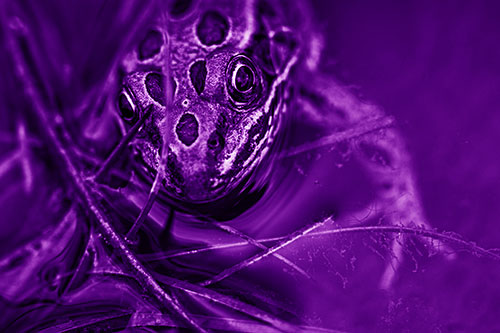 Leopard Frog Stares Among Shoreline Water (Purple Shade Photo)