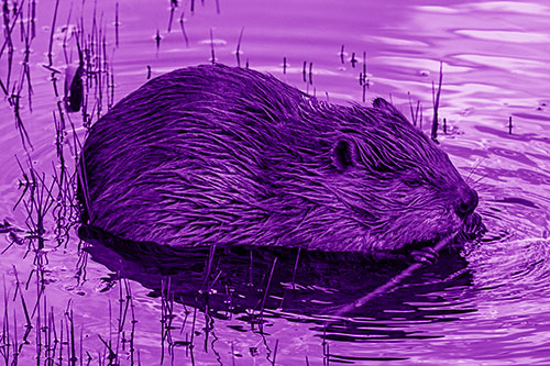 Sitting Beaver Nibbles Branch Along Shallow Rivershore (Purple Shade)