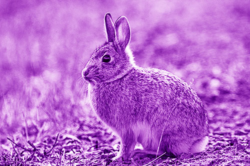 Sitting Bunny Rabbit Perched Beside Grass Blade (Purple Shade Photo)
