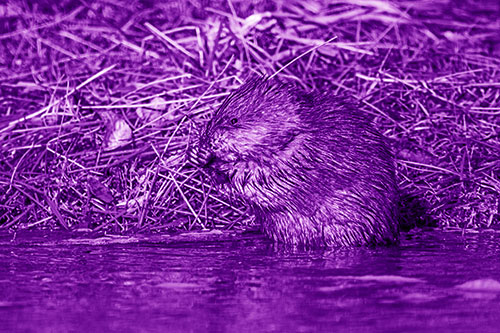 Soaked Muskrat Nibbles Grass Along River Shore (Purple Shade Photo)