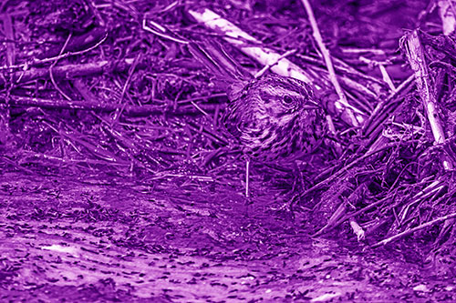 Song Sparrow Peeking Around Sticks (Purple Shade Photo)
