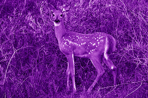 White Tailed Spotted Deer Stands Among Vegetation (Purple Shade)