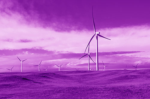 Wind Turbine Cluster Overtaking Hilly Horizon (Purple Shade Photo)