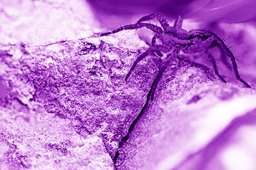 Wolf Spider Crawling Over Cracked Rock Crevice (Purple Shade Photo)