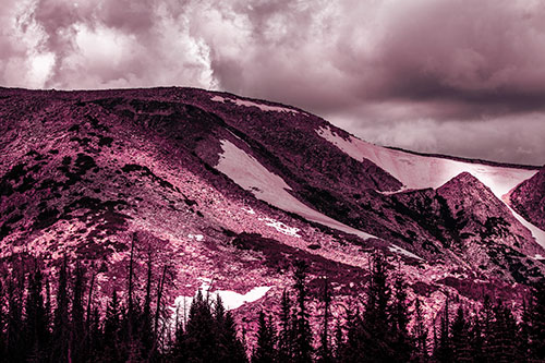 Clouds Cover Melted Snowy Mountain Range (Purple Tint Photo)