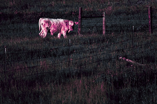 Cow Glances Sideways Beside Barbed Wire Fence (Purple Tint Photo)