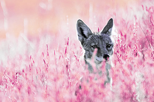 Coyote Peeking Head Above Feather Reed Grass (Purple Tint Photo)