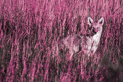 Coyote Watches Among Feather Reed Grass (Purple Tint Photo)
