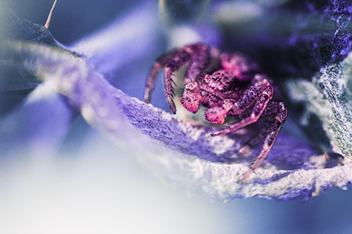 Crab Spider Cowers Among Leaf Petal (Purple Tint)