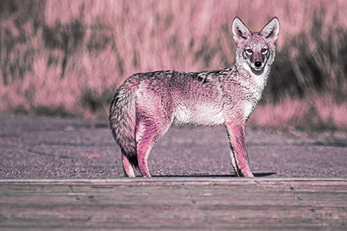 Crossing Coyote Glares Across Bridge Walkway (Purple Tint Photo)