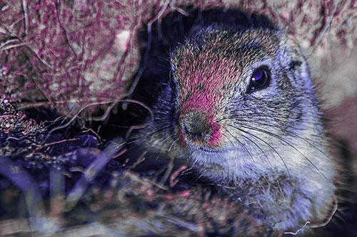 Curious Prairie Dog Watches From Dirt Tunnel Entrance (Purple Tint Photo)