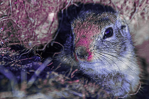 Curious Prairie Dog Watches From Dirt Tunnel Entrance (Purple Tint)