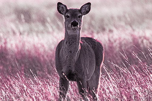 Curious White Tailed Deer Glaring Among Sunset (Purple Tint Photo)