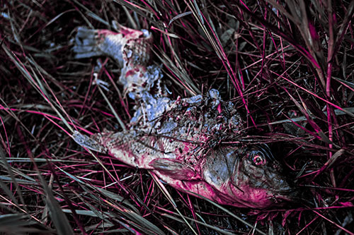 Decaying Salmon Fish Rotting Among Grass (Purple Tint Photo)
