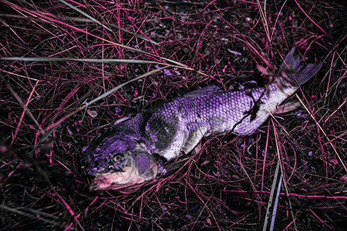 Deceased Salmon Fish Rotting Among Grass (Purple Tint Photo)