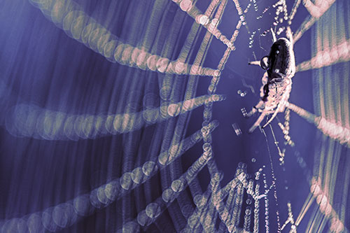 Dewy Orb Weaver Spider Hangs Among Web (Purple Tint Photo)