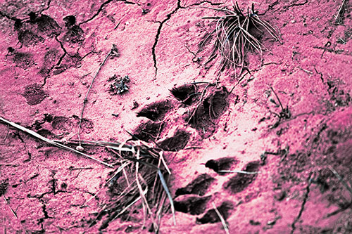 Dog Footprints On Dry Cracked Mud (Purple Tint Photo)