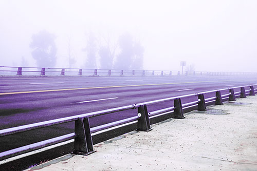 Fog Surrounds Deserted Sidewalk Roadway (Purple Tint Photo)