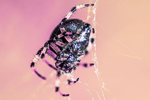 Furrow Orb Weaver Spider Descends Down Web (Purple Tint Photo)