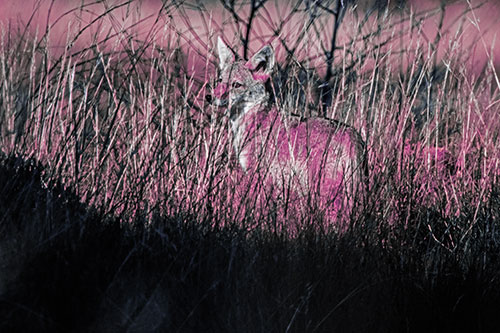 Gazing Coyote Watches Among Feather Reed Grass (Purple Tint Photo)