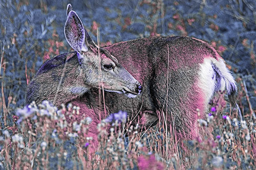 Grooming Mule Deer Bending Backwards Among Vegetation (Purple Tint)
