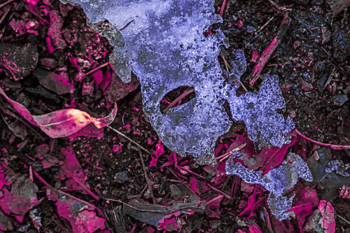 Half Melted Ice Face Atop Dead Leaves (Purple Tint Photo)