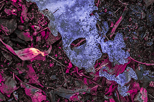 Half Melted Ice Face Atop Dead Leaves (Purple Tint)