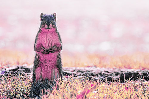 Hind Leg Squirrel Standing Among Grass (Purple Tint Photo)