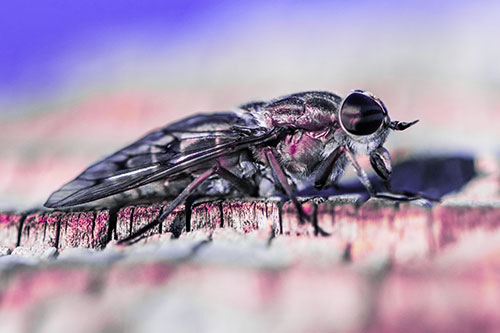 Horse Fly Resting Among Cracked Wood (Purple Tint)