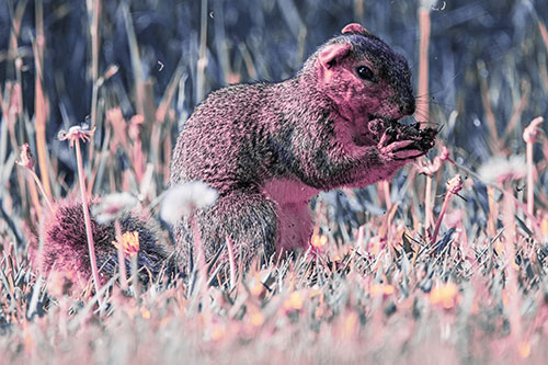 Hungry Squirrel Feasting Among Dandelions (Purple Tint Photo)