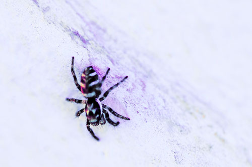 Jumping Spider Crawling Down Wood Surface (Purple Tint Photo)