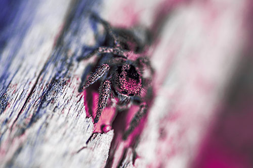 Jumping Spider Perched Among Wood Crevice (Purple Tint Photo)