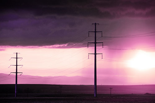 Mountain Rainstorm Sunset Beyond Powerlines (Purple Tint Photo)