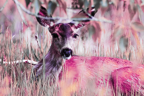 Resting White Tailed Deer Watches Surroundings (Purple Tint Photo)