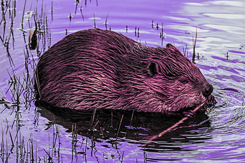 Sitting Beaver Nibbles Branch Along Shallow Rivershore (Purple Tint)