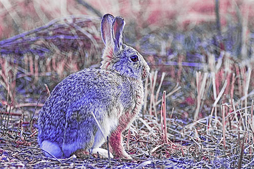 Sitting Bunny Rabbit Among Broken Plant Stems (Purple Tint Photo)