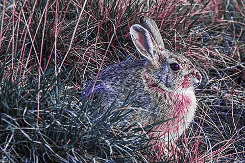 Sitting Bunny Rabbit Enjoying Sunrise Among Grass (Purple Tint Photo)