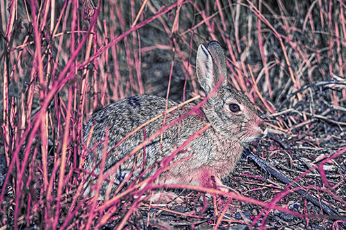 Sitting Bunny Rabbit Enjoying Sunshine Among Sticks (Purple Tint)