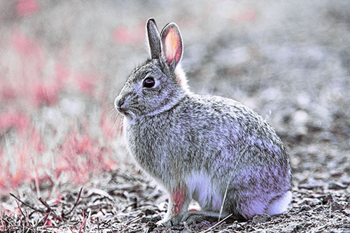 Sitting Bunny Rabbit Perched Beside Grass Blade (Purple Tint Photo)