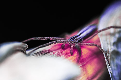 Slender Crab Spider Sprawled Out Among Plant (Purple Tint)