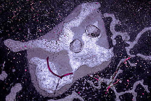 Smiley Bubble Eyed Block Face Below Frozen River Ice Water (Purple Tint Photo)
