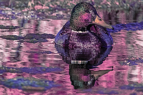 Soaked Mallard Duck Casts Pond Water Reflection (Purple Tint Photo)