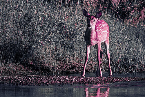 Spotted White Tailed Deer Standing Along River Shoreline (Purple Tint)