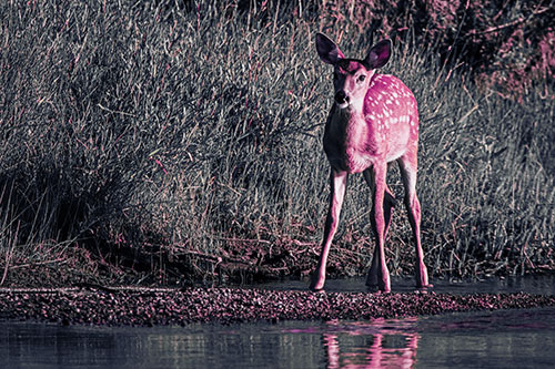 Spotted White Tailed Deer Standing Along River Shoreline (Purple Tint Photo)