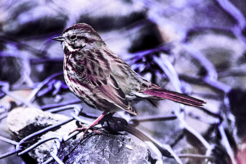 Squinting Song Sparrow Perched Atop Chain Link Fencing (Purple Tint Photo)