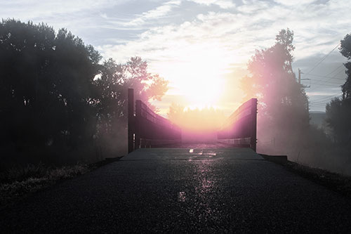 Sun Rises Beyond Foggy Wooden Walkway Bridge (Purple Tint Photo)