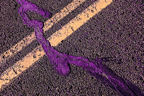 Tar Creeping Over Sidewalk Pavement Lane Marks (Purple Tint Photo)