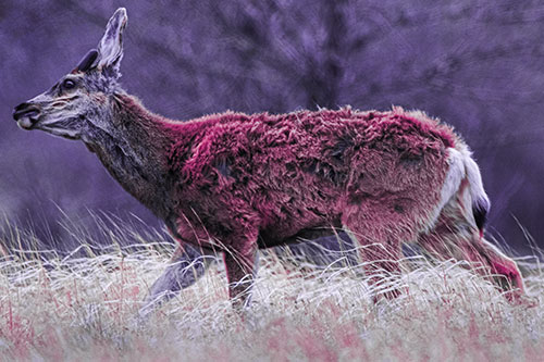 Tense Faced Mule Deer Wanders Among Blowing Grass (Purple Tint Photo)