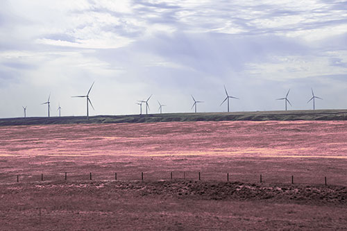 Wind Turbines Scattered Along The Prairie Horizon (Purple Tint Photo)