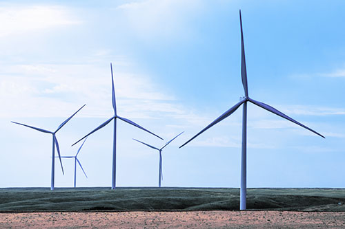 Wind Turbines Standing Tall On Green Pasture (Purple Tint Photo)